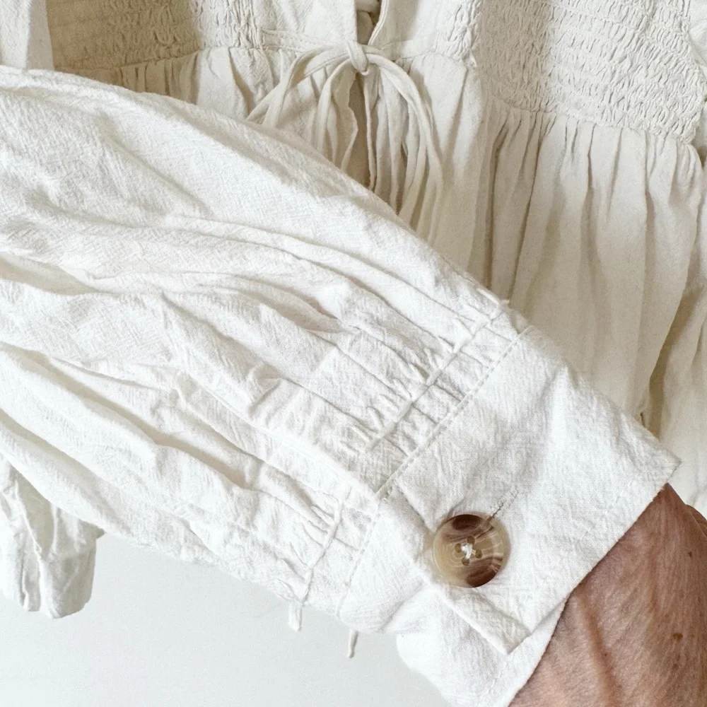 Free People Sally Trapeze Bed Jacket Smocked Off White Cotton Tie Front Top XL